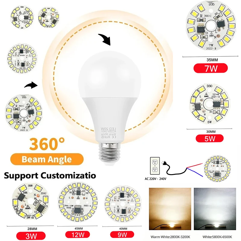 10/30PCS PwwQmm  2835 SMD LED Chip AC220-240V No Driver 3W 5W 7W 9W 12W Round Lamp Beads Cold Warm White For Light Bulb