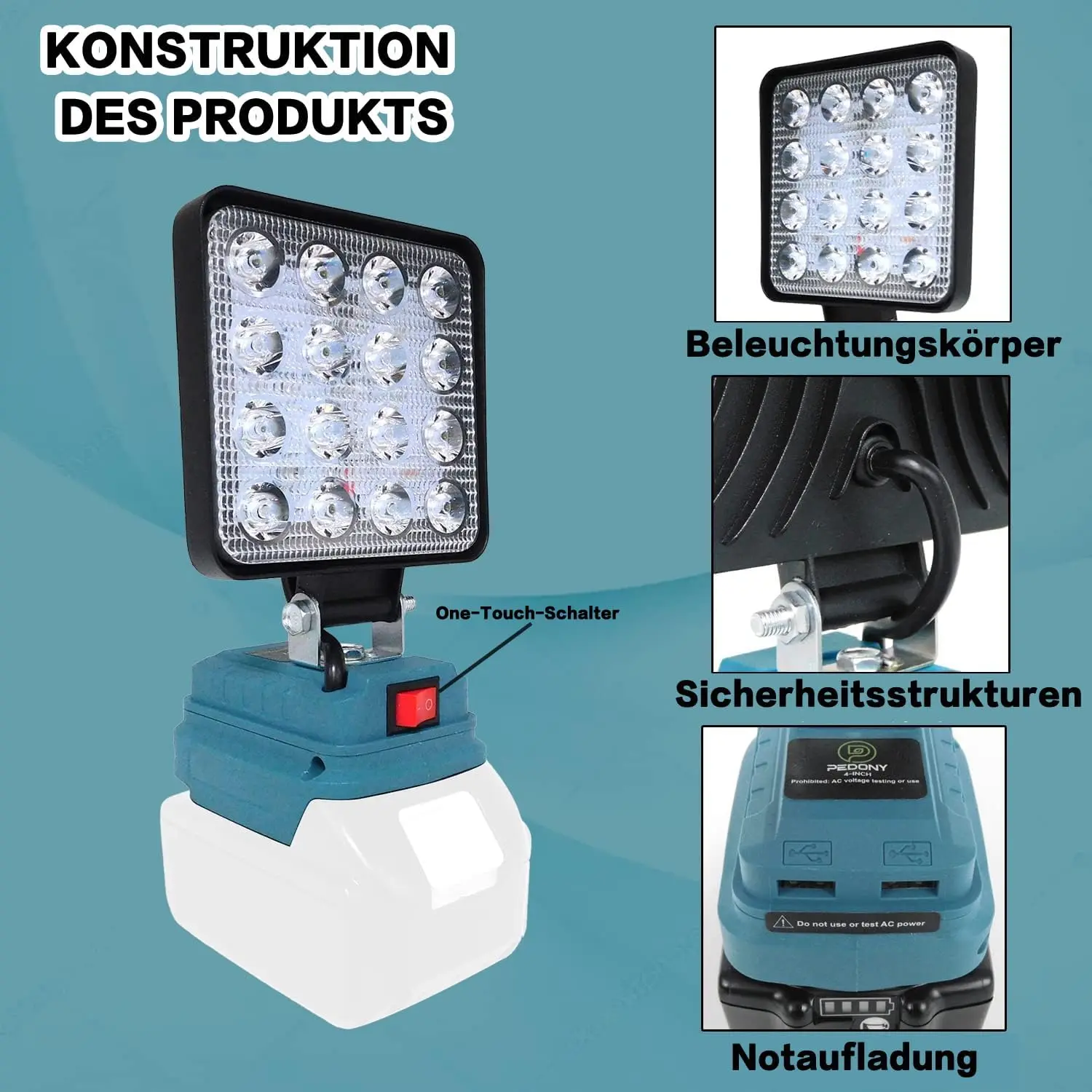 16 contas led luzes de trabalho lâmpada portátil lanternas lanterna ao ar livre holofotes tocha para 18v bateria lítio