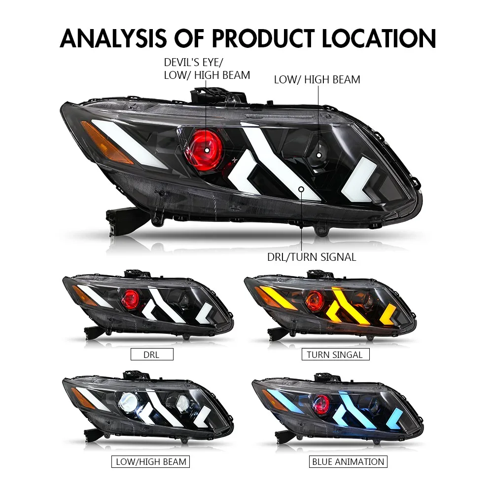 1 مجموعة كاملة جهاز عرض (بروجكتور) ليد العلوي ل 2012-2015 هوندا سيفيك 2/4 باب الجبهة رئيس مجموعة مصابيح DRL كشافات الملحقات #3