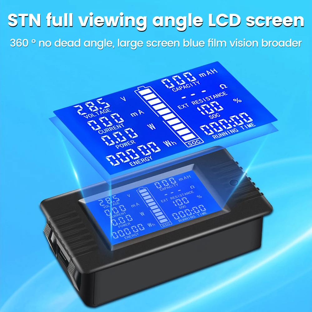 Imagem -03 - Display Lcd Digital Voltímetro Amperímetro Impedância Wattímetro Medidor de Energia de Energia 12v 24v 48v 72v 110v Volt Tester 50a 100a Dc8120v