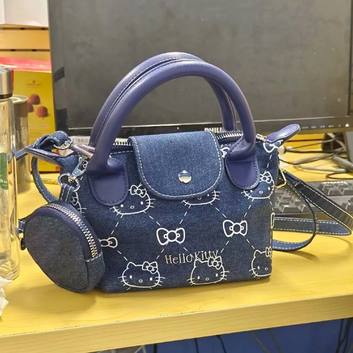 

Kawaii Hello Kitty Cartoon Denim Mobile Phone Crossbody Bag Anime Sanrio Girly Heart Cute Commuter Handbag Girls Gift New