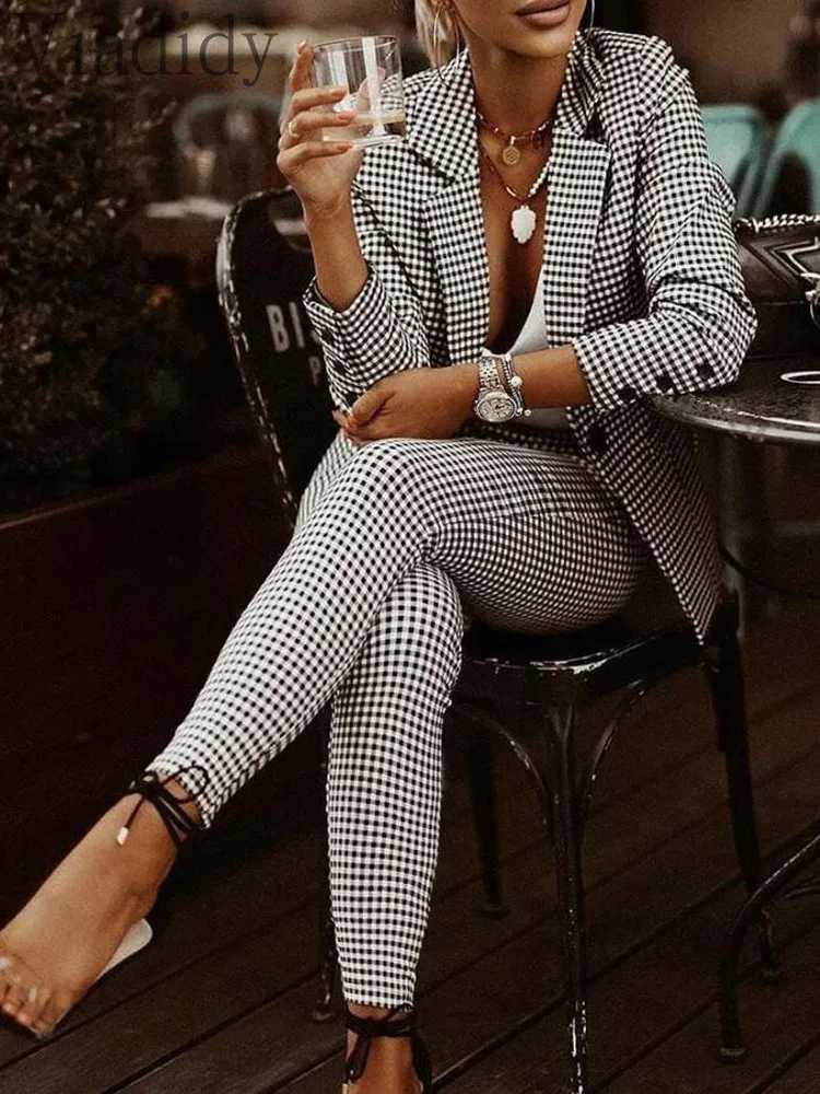 Women Elegant Print Lapel Collar Long Sleeve Blazer and High Waist Pencil Pants 2pcs Set