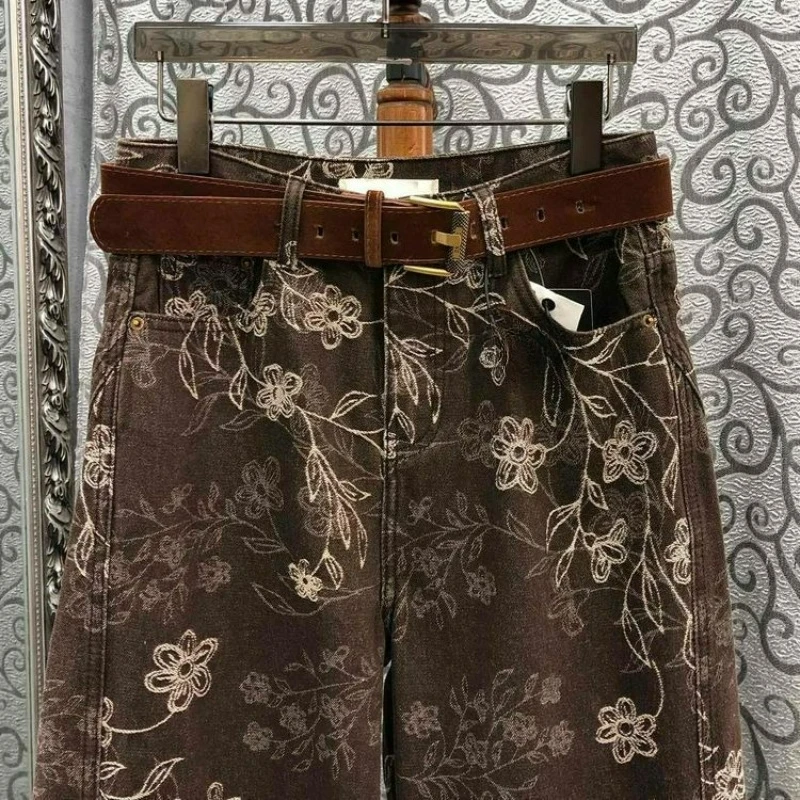 بنطلون جاكار ربيع الخريف نمط 2026 مجموعة موضة جديدة النساء عالية الخصر فضفاضة واسعة الساق التخسيس مستقيم الساق السراويل