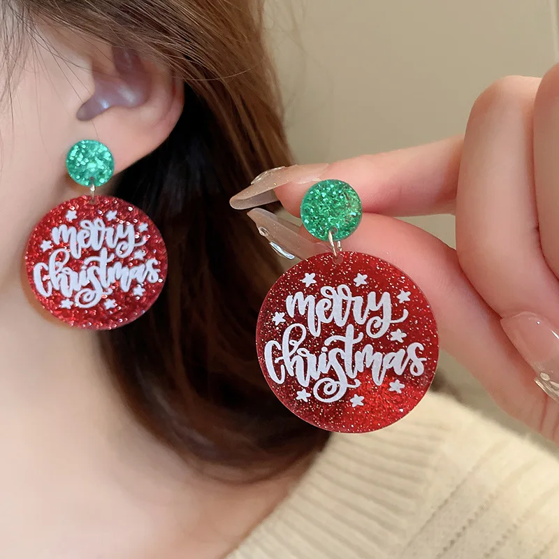 Glitter Colorful Christmas Tree Earrings for Women New Trendy Star Round Acrylic Stud Earring Xmas Party Jewelry Gifts