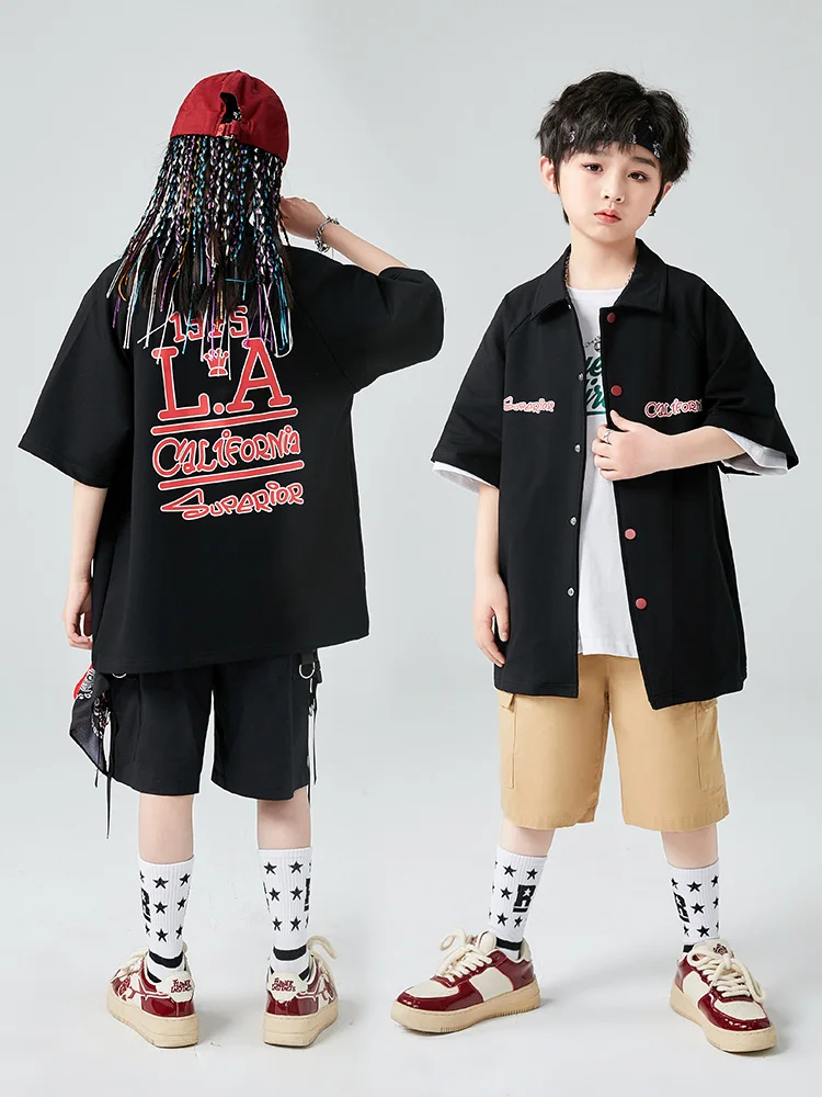 2023 Boys Hip Hop Costume Girls Loose Black Coat Shorts Summer Hip Hop Kids Performance Outfit Fashion Casual Clothing BL10650