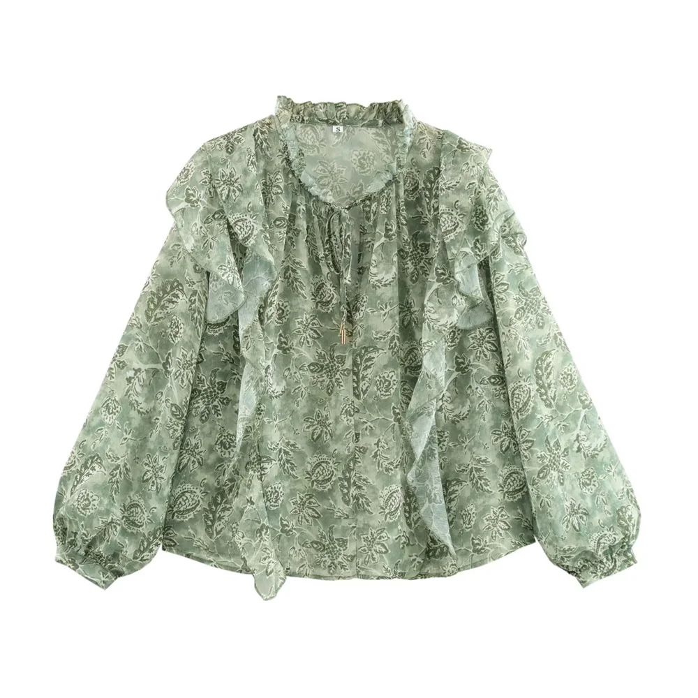 قميص نسائي مطبوع بطبقات مزخرفة مع زخرفة بأربطة لملابس نسائية جديدة للربيع والصيف