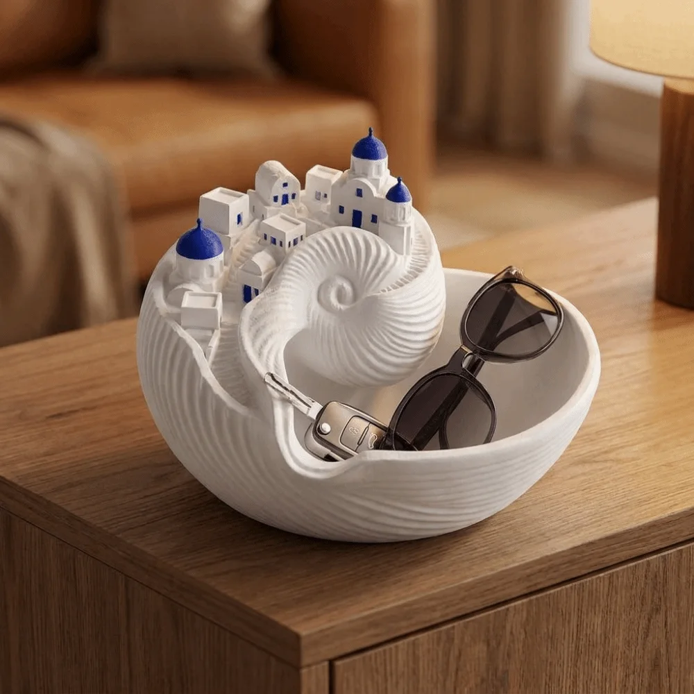 Mini Greek Town Statue 3D Printed Coastal Style Key Tray Conch Shell Shape Plastic Trinket Tray Decorative Catchall Bowl Jewelry