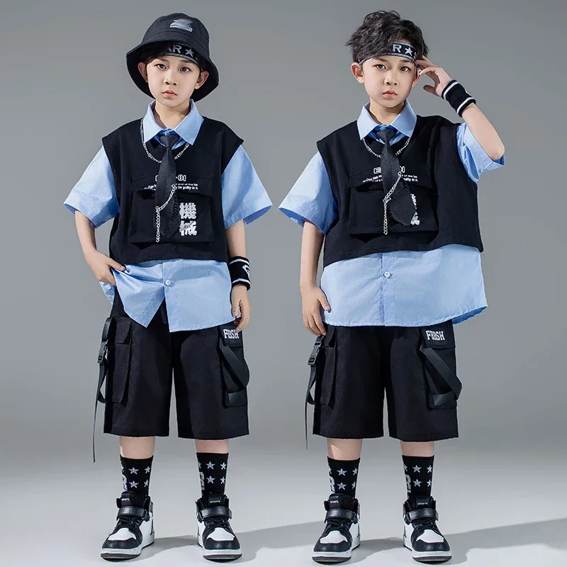 

Fashion Street Dance Costume Boys Blue Shirt Black Shorts Hip Hop Stage Outfit Children Jazz Dancing Show Performance Wear