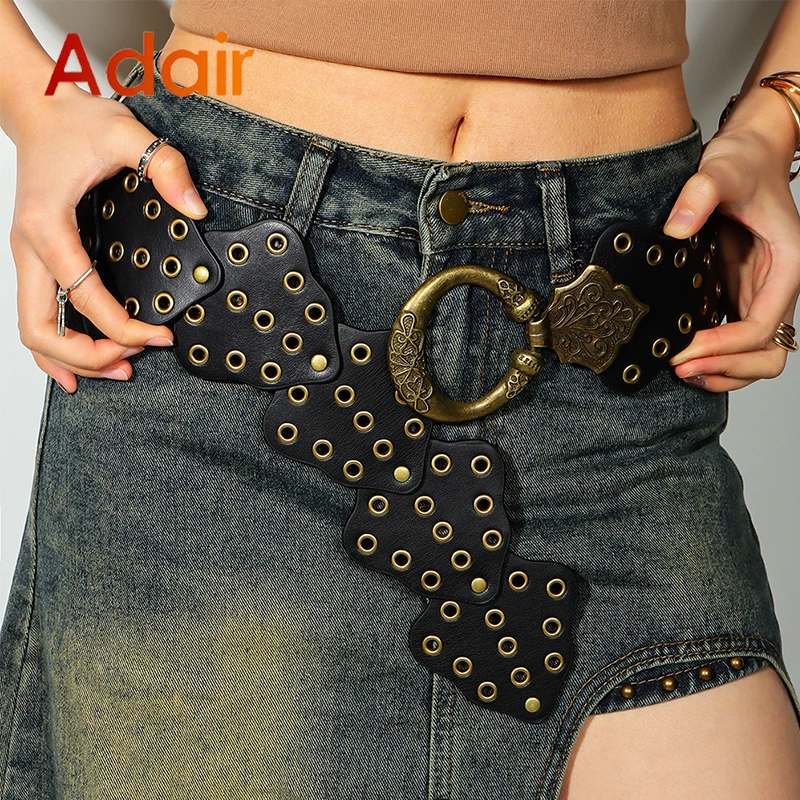 

Women's Belt Rivet Western Denim Belt Vintage Personalized Belts High Quality Luxury Metal Hollow Ladies Trend Wide Waistband