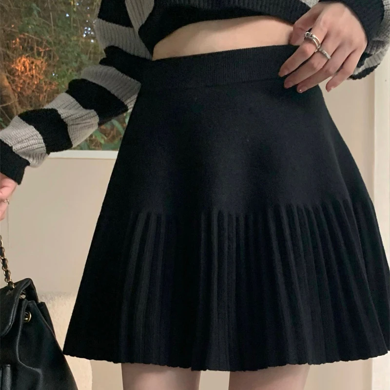 Khaki Knit Skirt Women\'s High Waist Pleated A-line Skirt Vintage Women Clothing