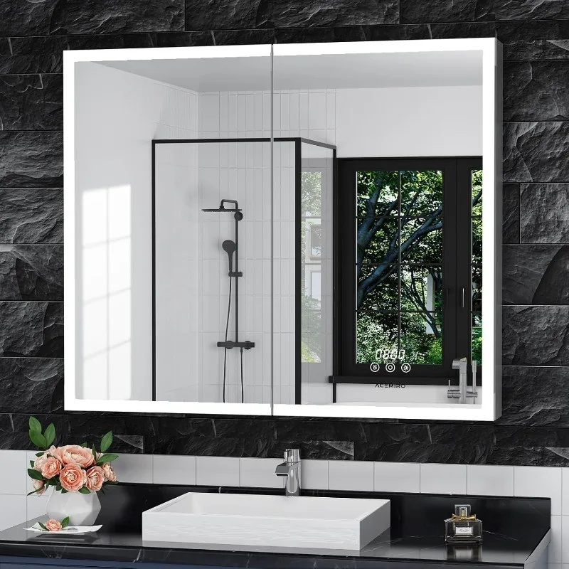 

3630 Inch Mirror with Medicine Cabinet, Surface or Recessed Mount, LED Lights, Clock & Temp Display, Defogger, Dimming,