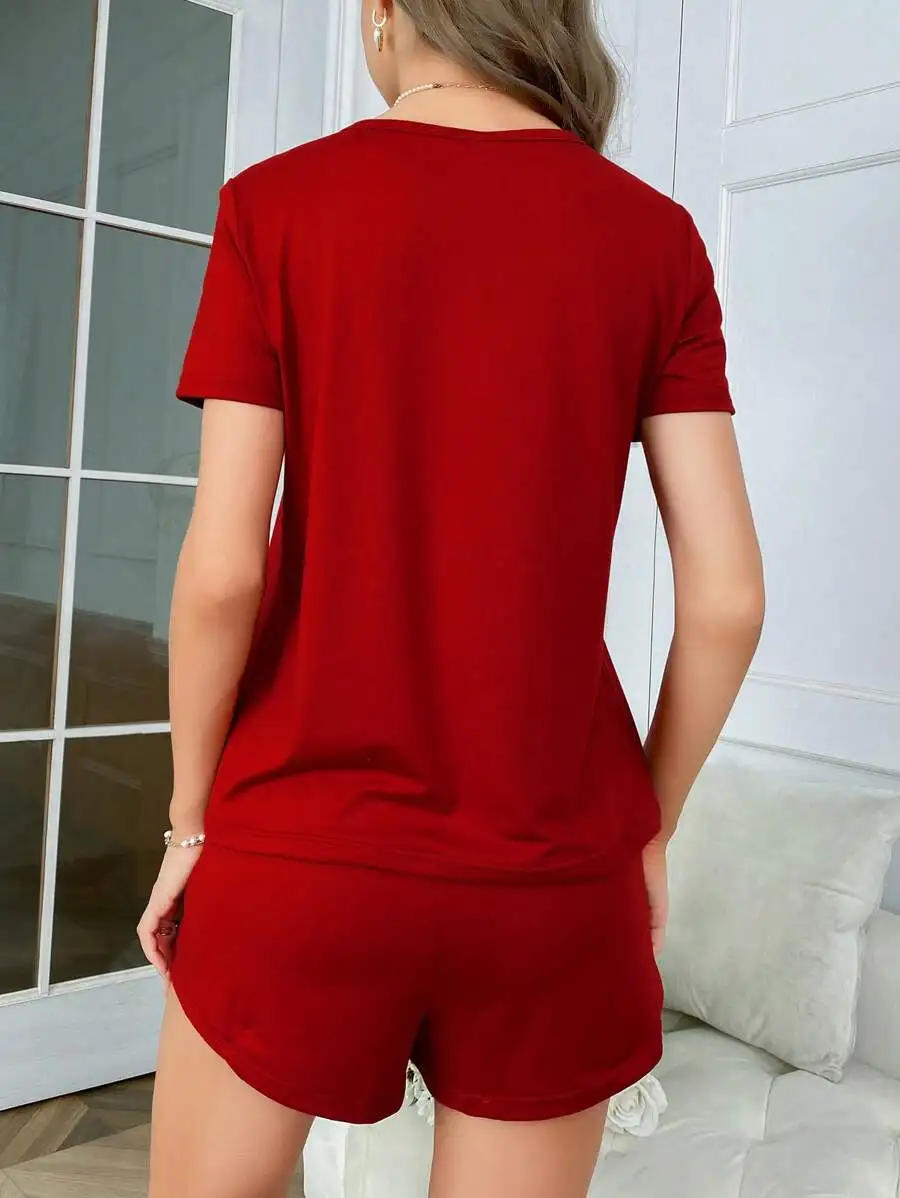 

Red Solid Color Short Sleeve Pajama Set For Women