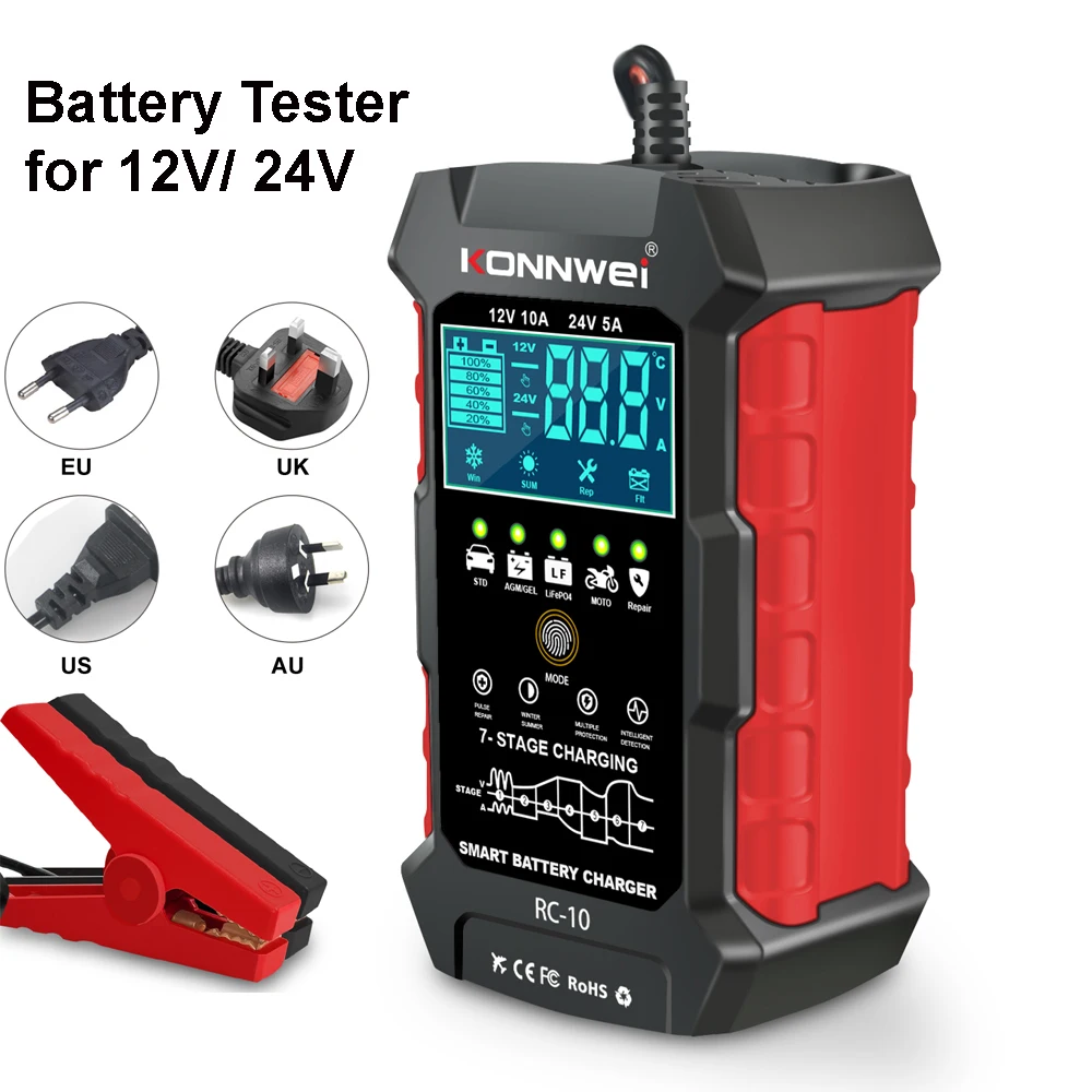 

Тестер-зарядное устройство для автомобильных аккумуляторов RC-10, 12В 10А, 24В 5А, автоматическое зарядное устройство и импульсный восстановитель для влажных и сухих свинцово-кислотных аккумуляторов