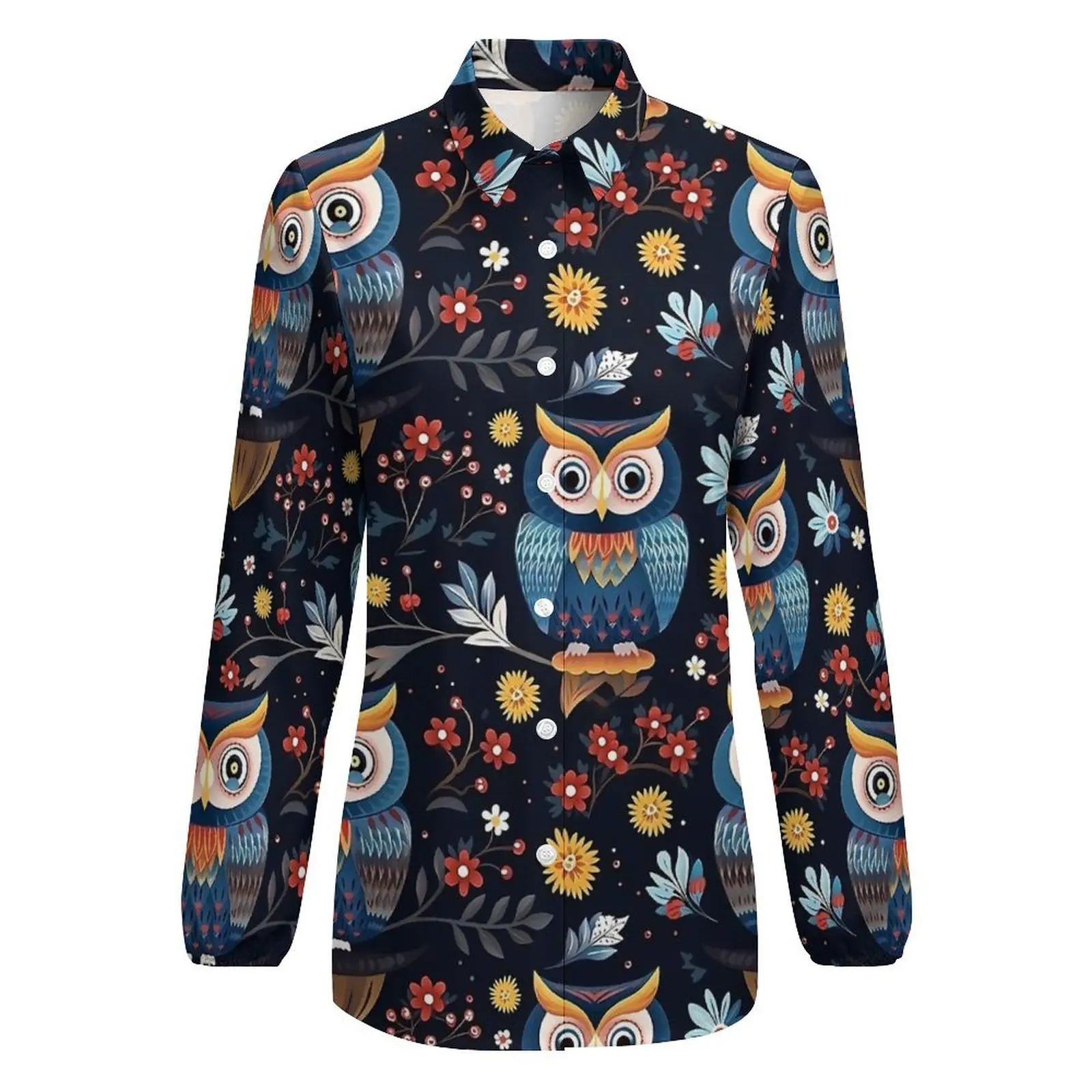 Cute Nordic Bold Owl Pattern Blouse Womens  Street Style Loose Blouses Long-Sleeve Office Shirt Custom Clothes Large Size