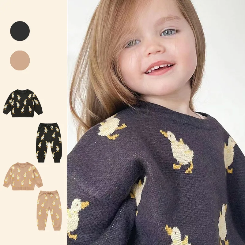 

Autumn Winter INS European American Casual Round Neck Cartoon Pure Cotton Bottoming Sweater Suit Tops Pants Children's Clothing