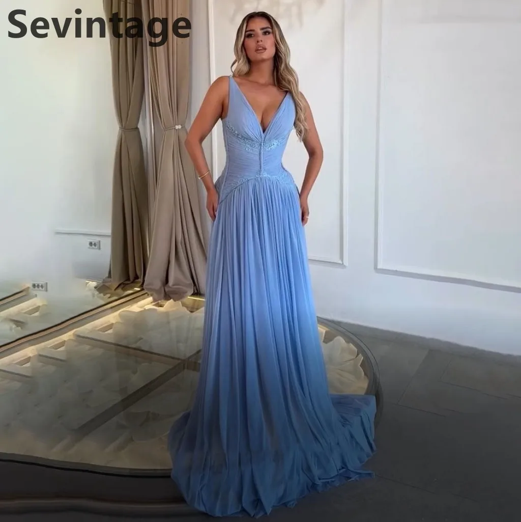 Sevintage 2025 Sky Blue Chiffon Maxi Evening Dress A Line V Neck Wedding Formal Prom Dress Dubai Party Gown Robe de soiree