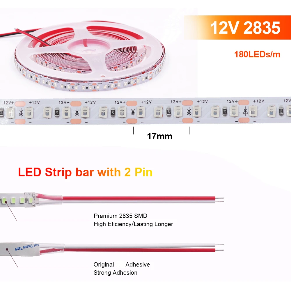 5m LED Strip 12V 2835 Light 180LEDs/m Warm White Red Green Ice Blue Orange Pink Yellow Flex Adhesive Tape 8mm PCB Home Lighting