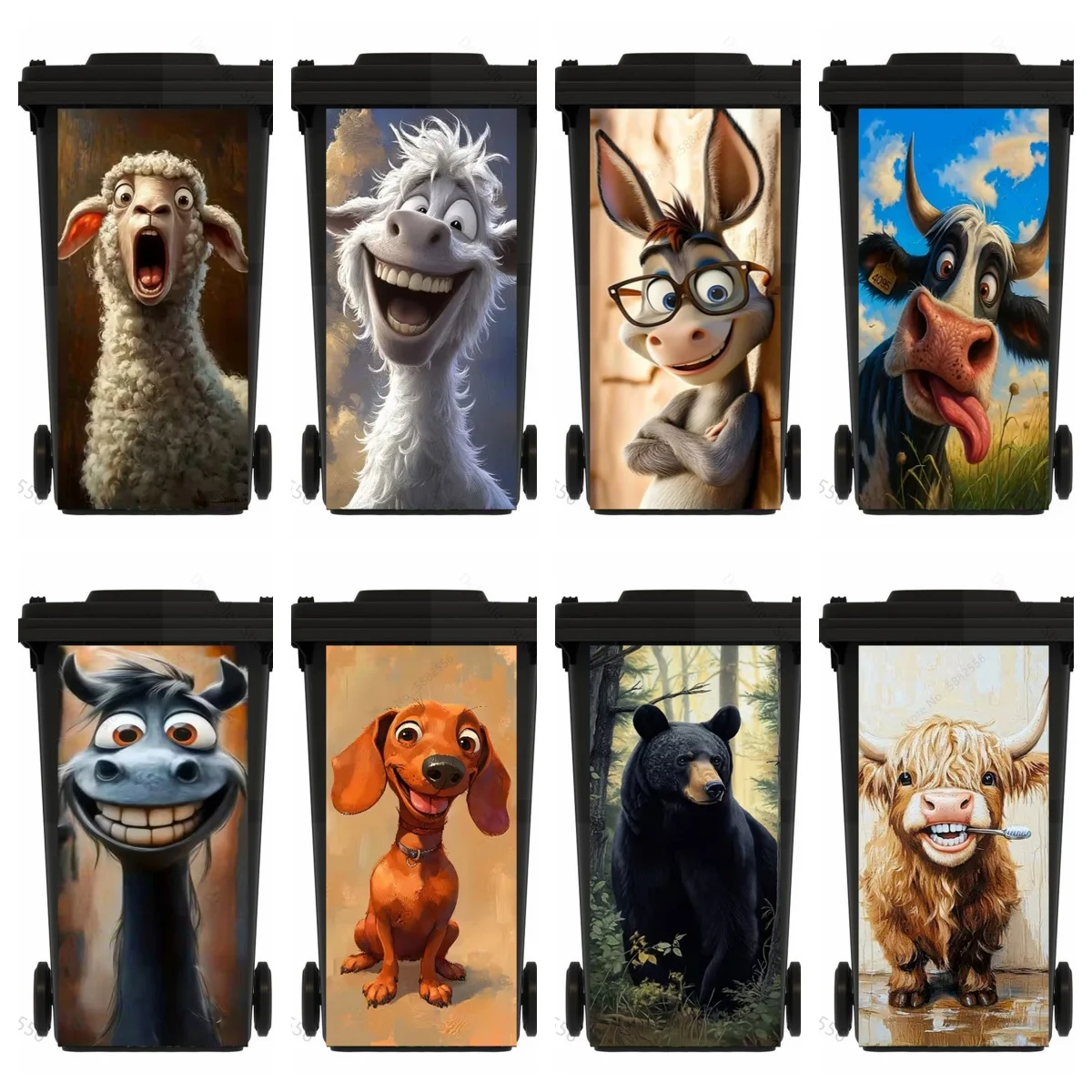 Funny Cartoon Horse Trash Can Stickers Smiling Animal Cat Sheep Vinyl Decal Home Decor Waterproof Anti-Slip Bin Decor Easy Clean