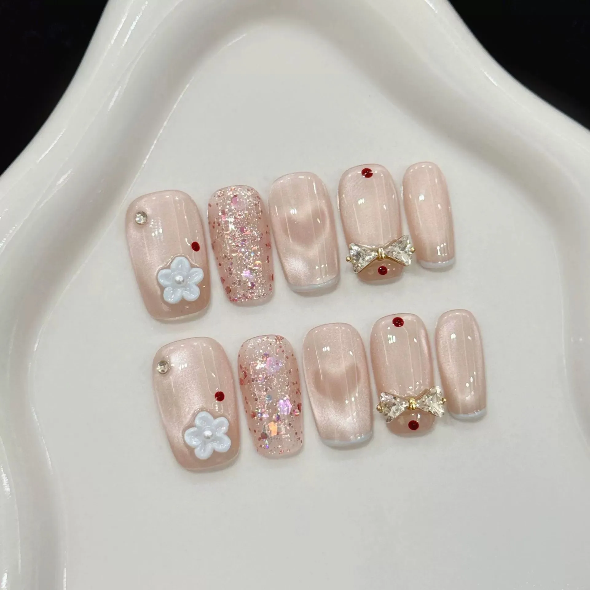 

Aurora Sequins Handmade Fake Nails Press On Nails 3D Bow Decor Long Ballet Blue French False Nails Flash Love Cat's Eye Designs