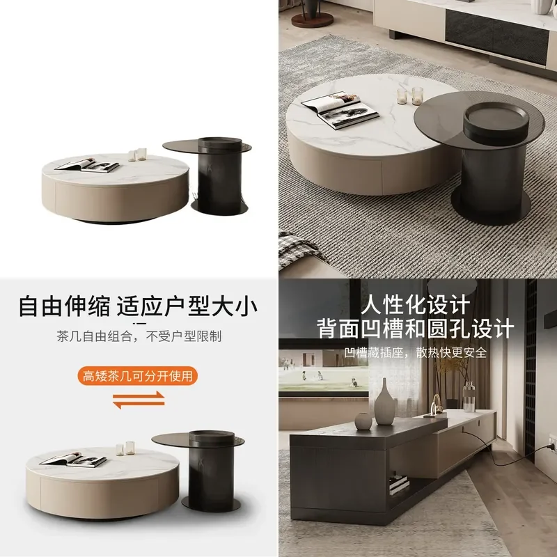 Round Rock Slab Coffee Table and TV Cabinet Combo Modern Simple Living Room Side Table for Small Apartment Home Furniture