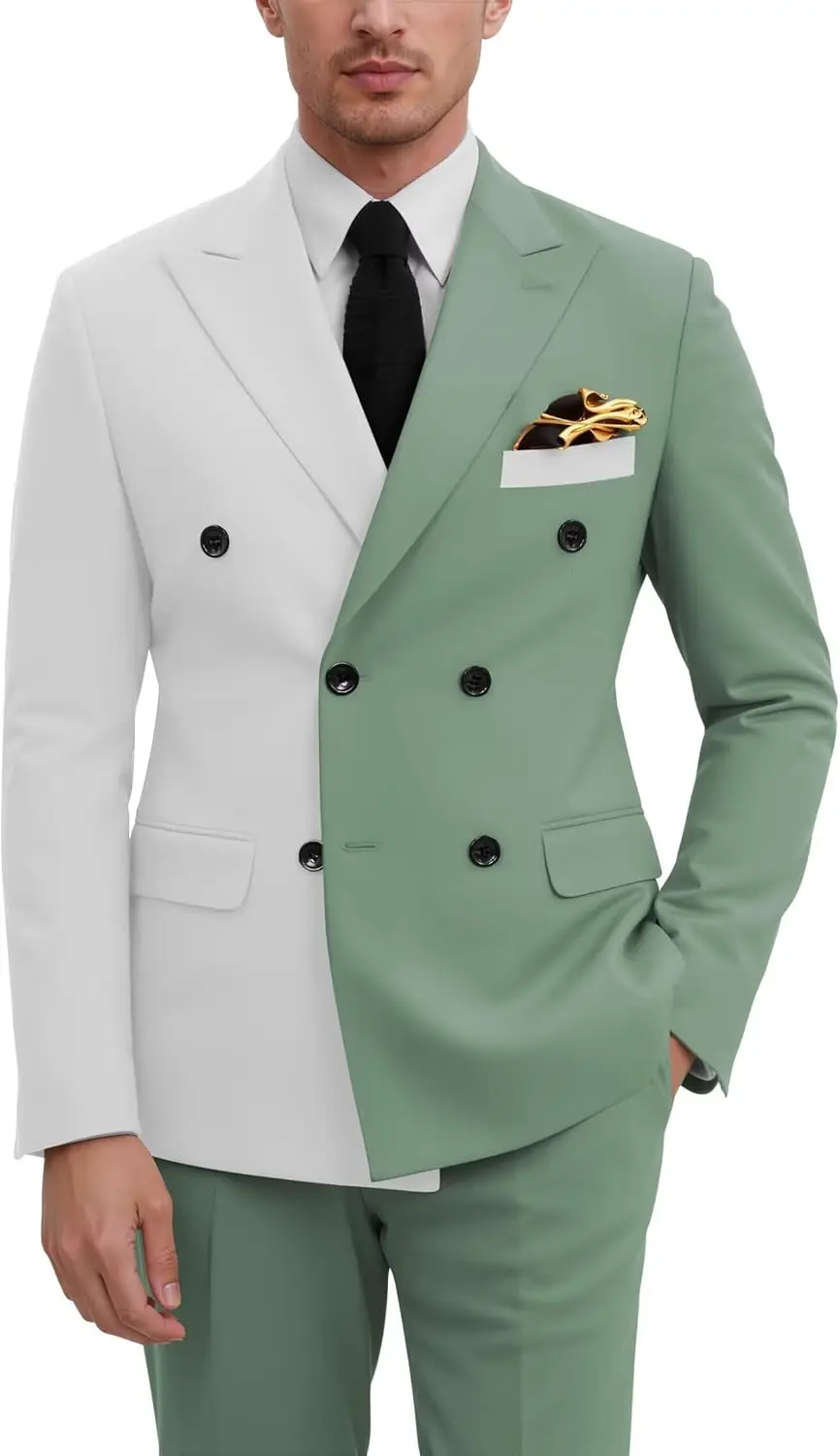 

Mens Double Breasted Suit 2 Piece Slim Fit Wedding Prom Suits Peak Lapel Blazer Pants Outfit