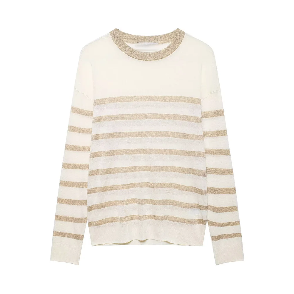 

WOMEN 2026 Summer New Fashion Striped Knitted Sweater Retro Long Sleeve All-match Casual Female Pullovers Chic Tops
