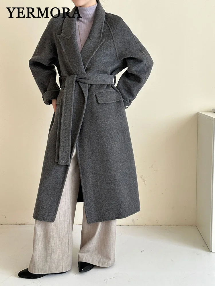 

YERMORA Gray Belted Brief Casual Woolen Coat For Women Lapel Long Sleeve Loose New Overcoat Fashion Tide Autumn Winter 2025