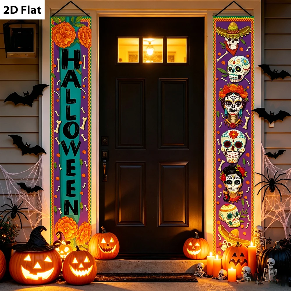 1 Stück Halloween Day of the Dead Veranda-Banner Mexikanischer Zuckerschädel Blumen-Türvorhang Outdoor Haustür Hof Garage Wanddekoration