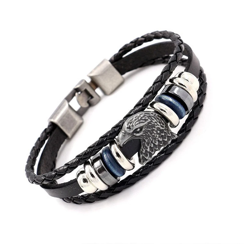 Alloy Eagle Head Design Multilayer Handmade Wove Leather Bracelet Vintage Men Casual Fashion Hand Chian Jewelry Accessory Gift