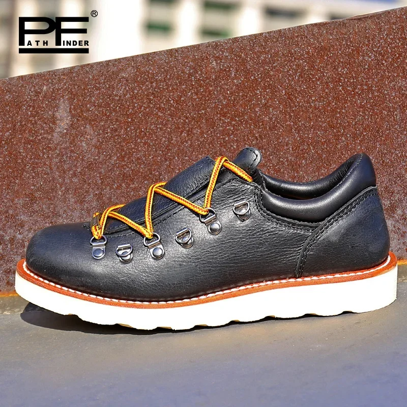 Genuine Leather Wedge Moc Toe Work Boots for Men Women Casual Quality Goodyear Welted Low Cut Shoes Soft Toe , Comfort Insole