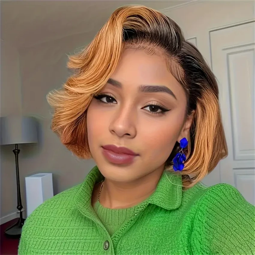 #1B/30 Ombre Pixie Cut Bob Human Hair Wigs for Women, 13x4 Lace Front Short Straight Bob Wig, Brazilian Human Hair, Pre Plucked Natural Hairline for Daily & Party Wear