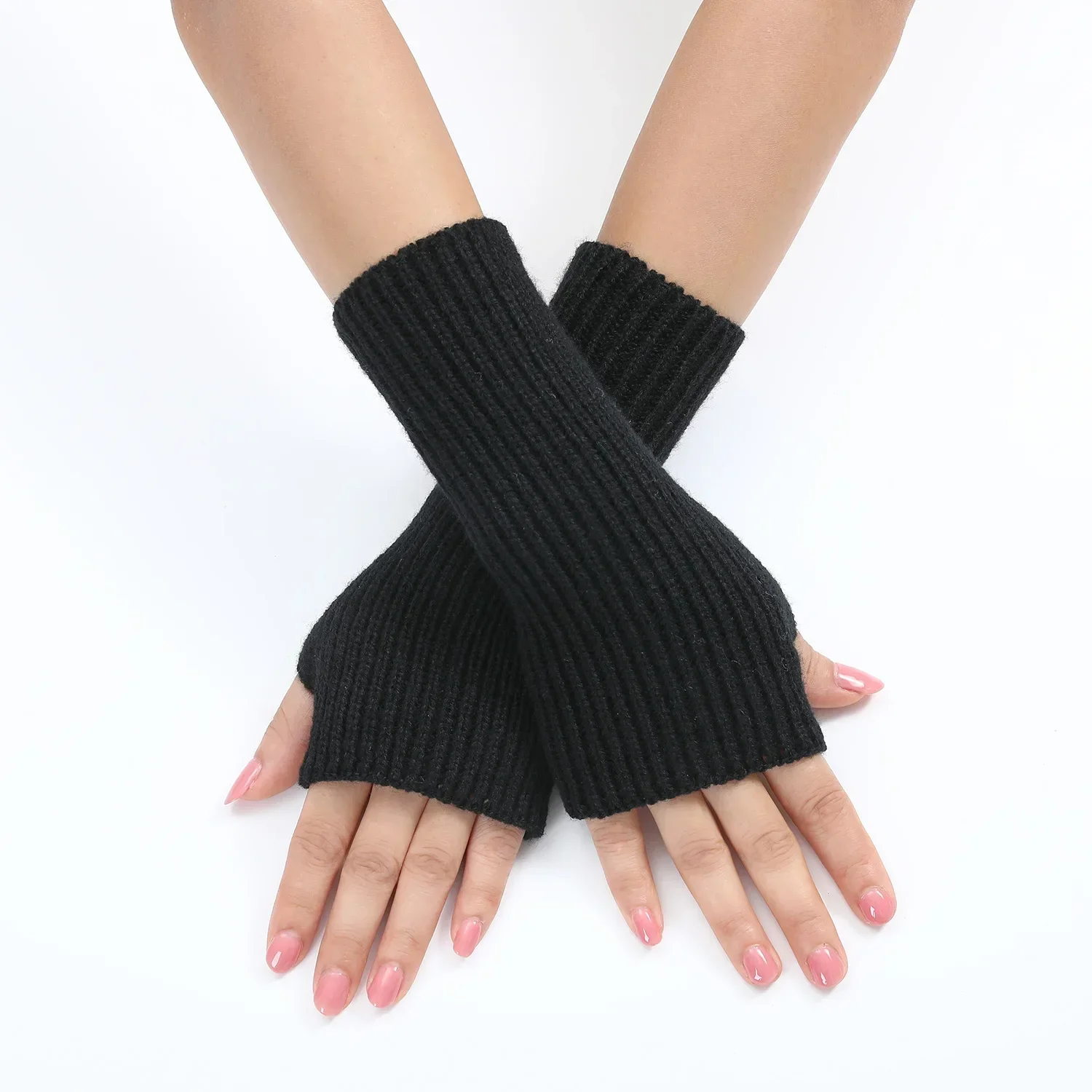 Half Finger Gloves Women Winter Soft Glove Thickened Warm Wool Knitting Arm Sleeve Solid Color Women Men Short Fingerless Mitten