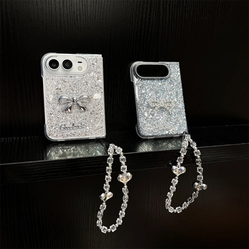 New Korea Ins Glitter bowknot Good luck Phone Case For iPhone Duo Foldable Protective Cover Cute Cases Shockproof with Chain