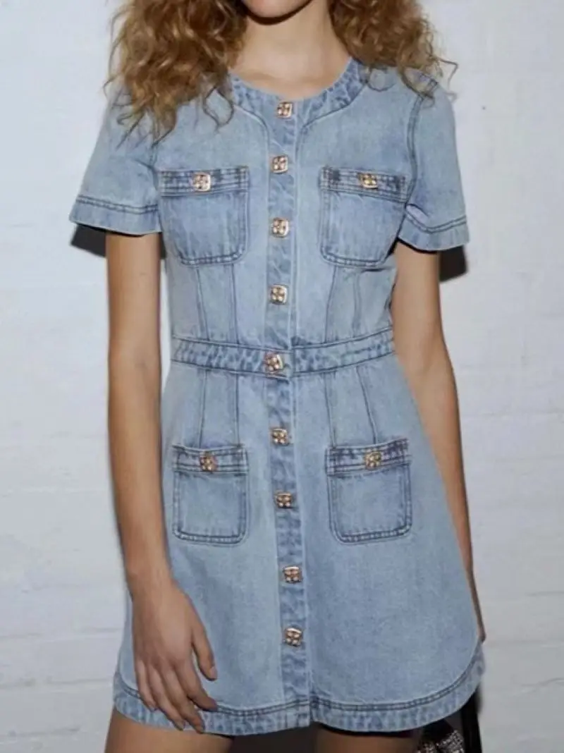 

Women Denim Dress Colorful Diamond Buttons Round Neck Short Sleeve Fashion 2024 Summer Mini Robe