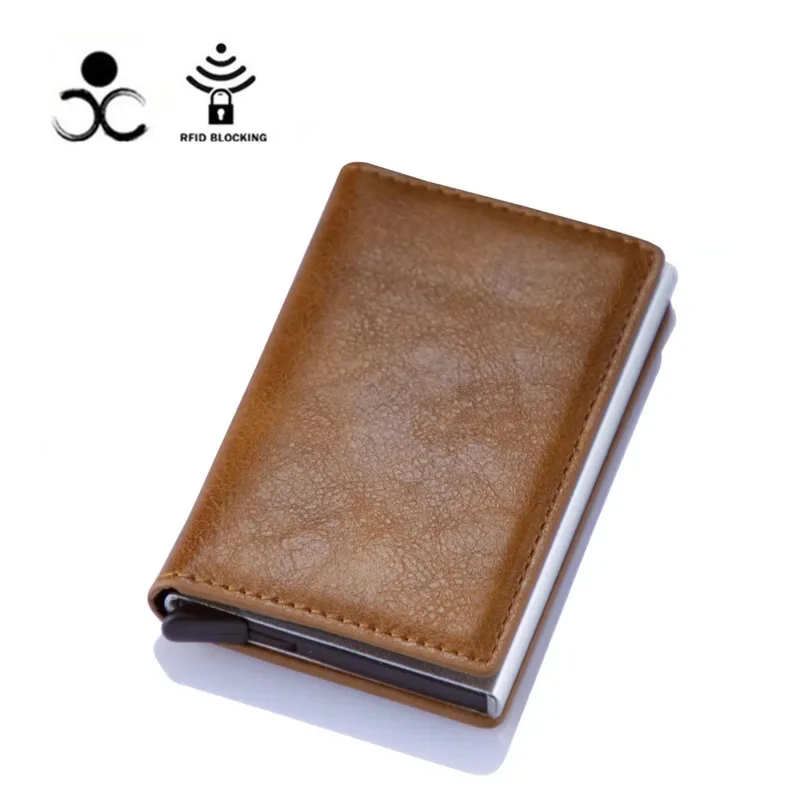 RFID Anti-theft Card Holder Men PU Leather Retro Brake Aluminum Alloy Card Holder Carbon Brazing Card Holder Couple Wallet New