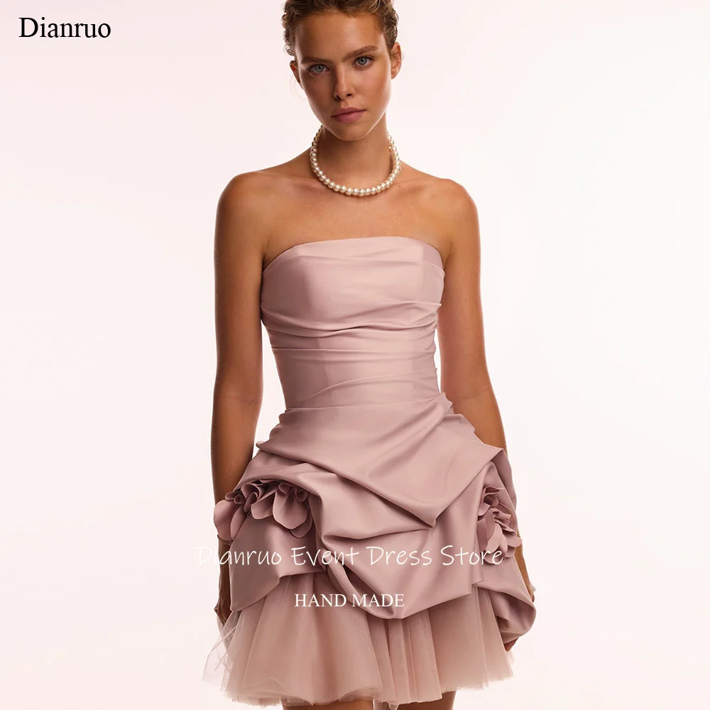 

Dianruo Strapless Tulle Hem Birthday Dress Fashionable Mini A Line Party Gown Satin Sleeveless 15 Quinceanera Dresses Customized