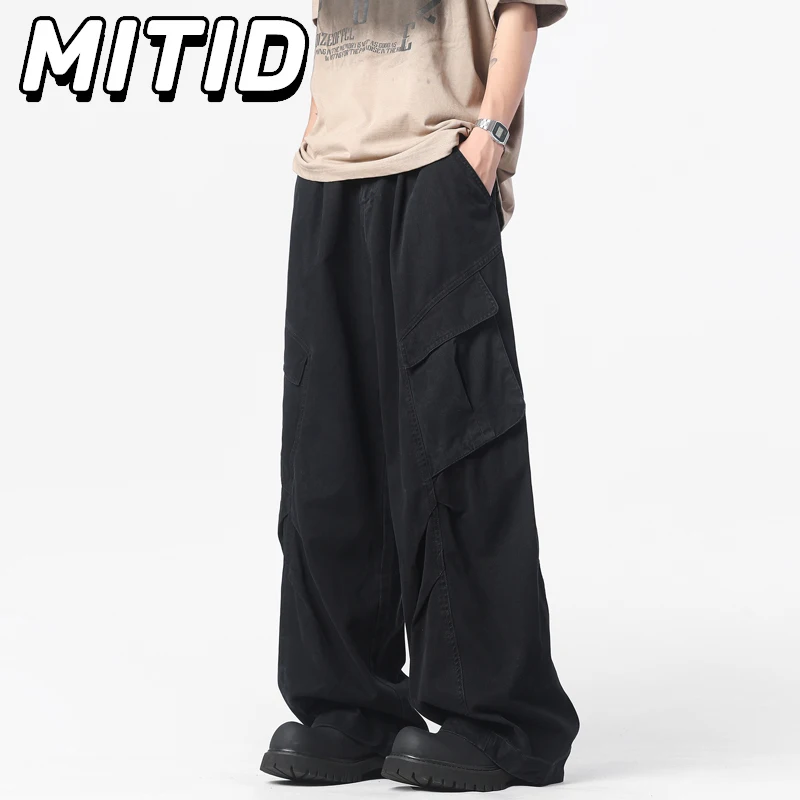 

Navy Blue Mens Pants Summer New Casual Cargo Pants American Streetwear Scimitar Wide Leg Pants Baggy Full Length Trousers Male