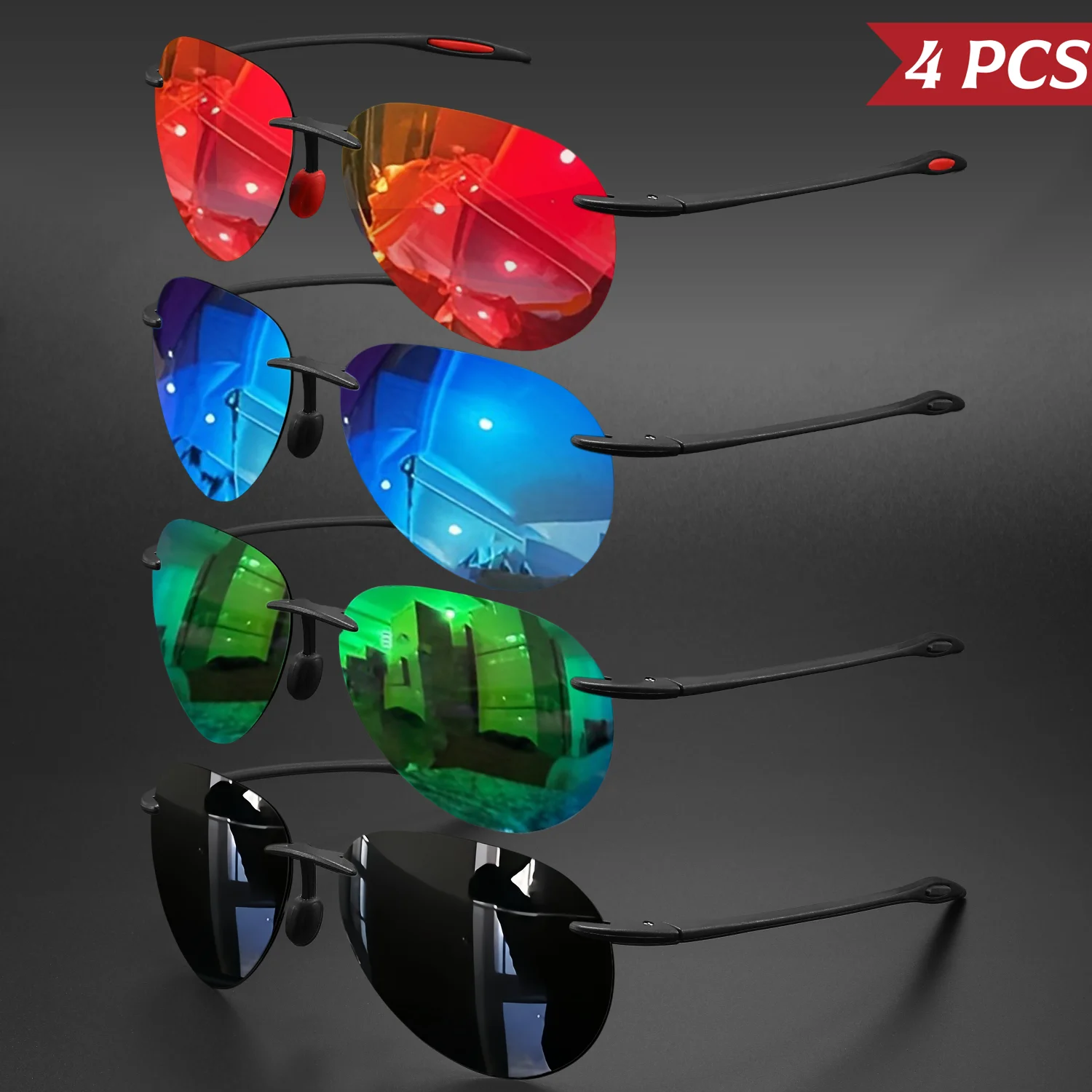 4 Stück ultraleichte 12 g TR90 rahmenlose polarisierte Piloten-Sonnenbrille – flexibel und bequeme Passform, Unisex zum Fahren, Angeln, im Freien