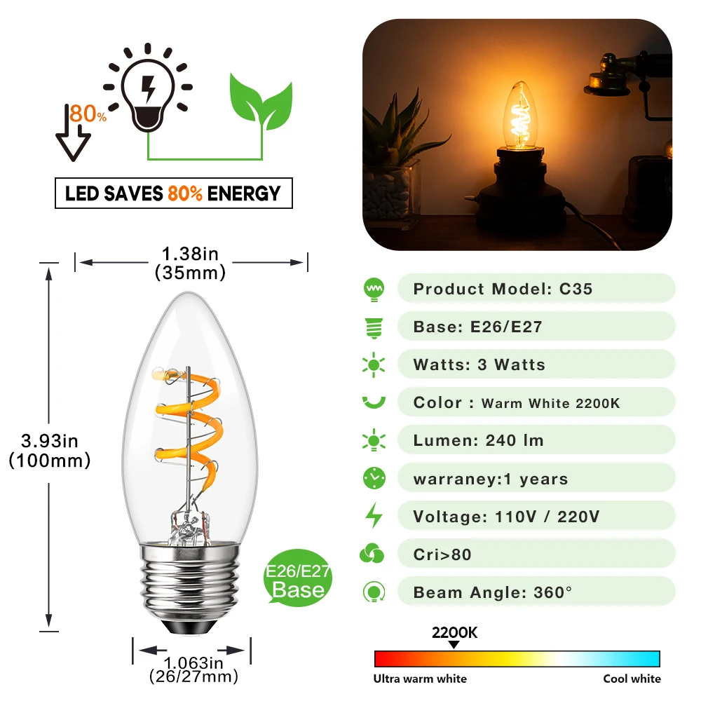 Bombilla LED Vintage para candelabros, bombilla de filamento decorativo, E27, 220V, Edison, ampollas de repuesto colgantes