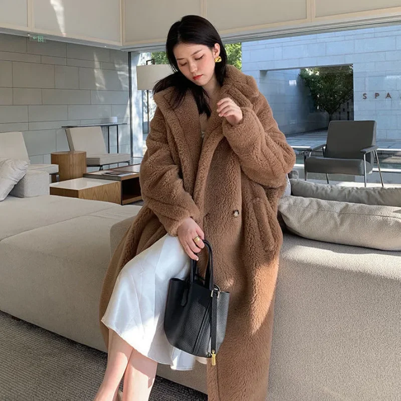 Women Winter Faux Fur Coat Warm Spliced Pockets Medium Long Jacket Thick Teddy Bear Coat Casual Loose with Button Women Clothing