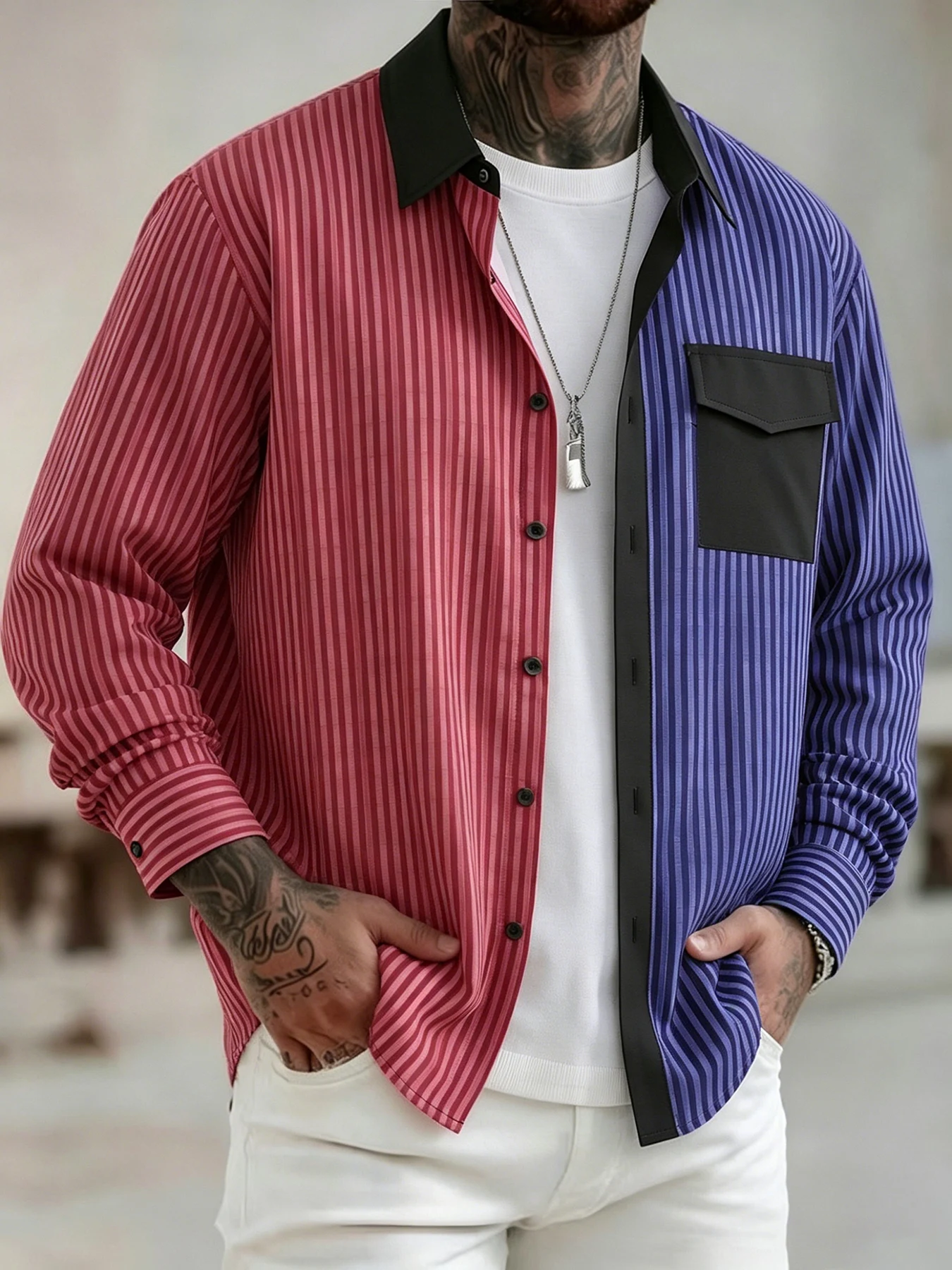 Men's Two-Tone Patchwork Striped Long-Sleeve Shirt with Contrasting Color Lapel and Patch Pockets, Loose Trendy Casual Jacket
