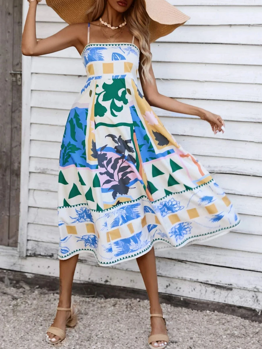 여성 여름 캐주얼 a 라인 드레스 프린트 스파게티 스트랩 백리스 미디 드레스 패션 민소매 캐미 드레스