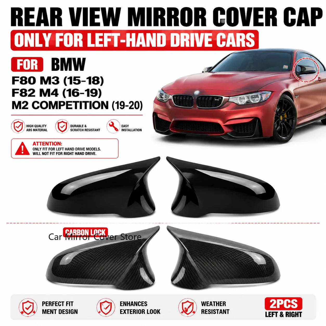 

Glossy Black Carbon Look Replacement Pair Door Wing Mirror Cover For 16-18 BMW F80 M3 F82 M4 19-20 M2 Competition Only For LHD