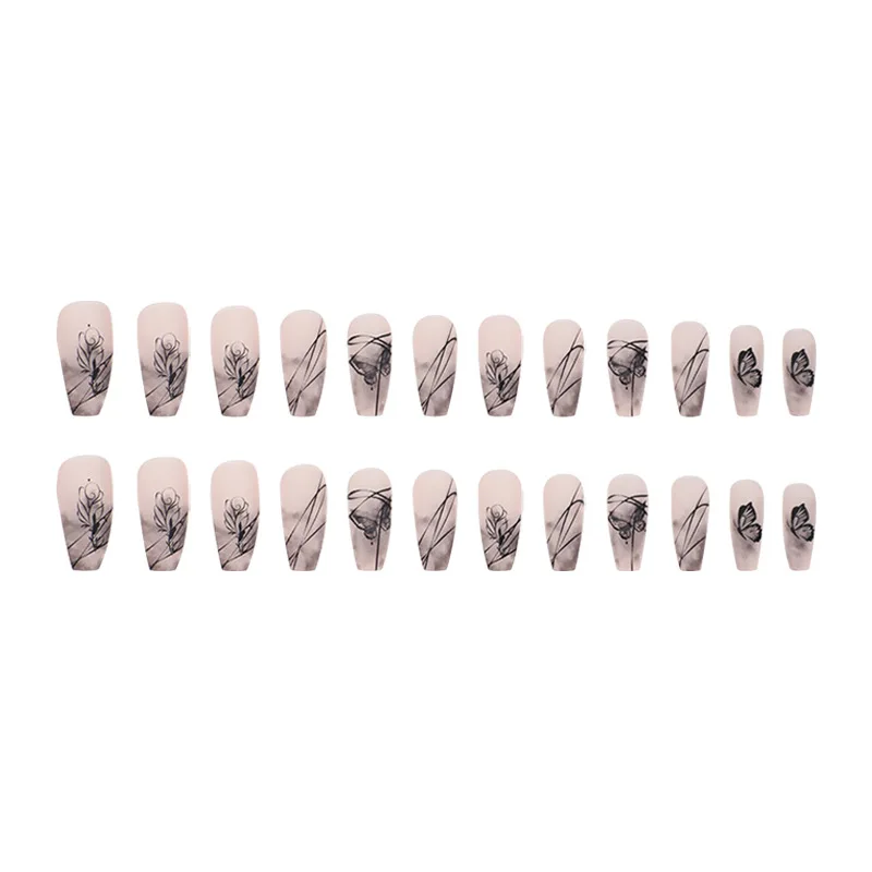 

European and American black butterfly line nail art wear nail medium and long nail patch removable