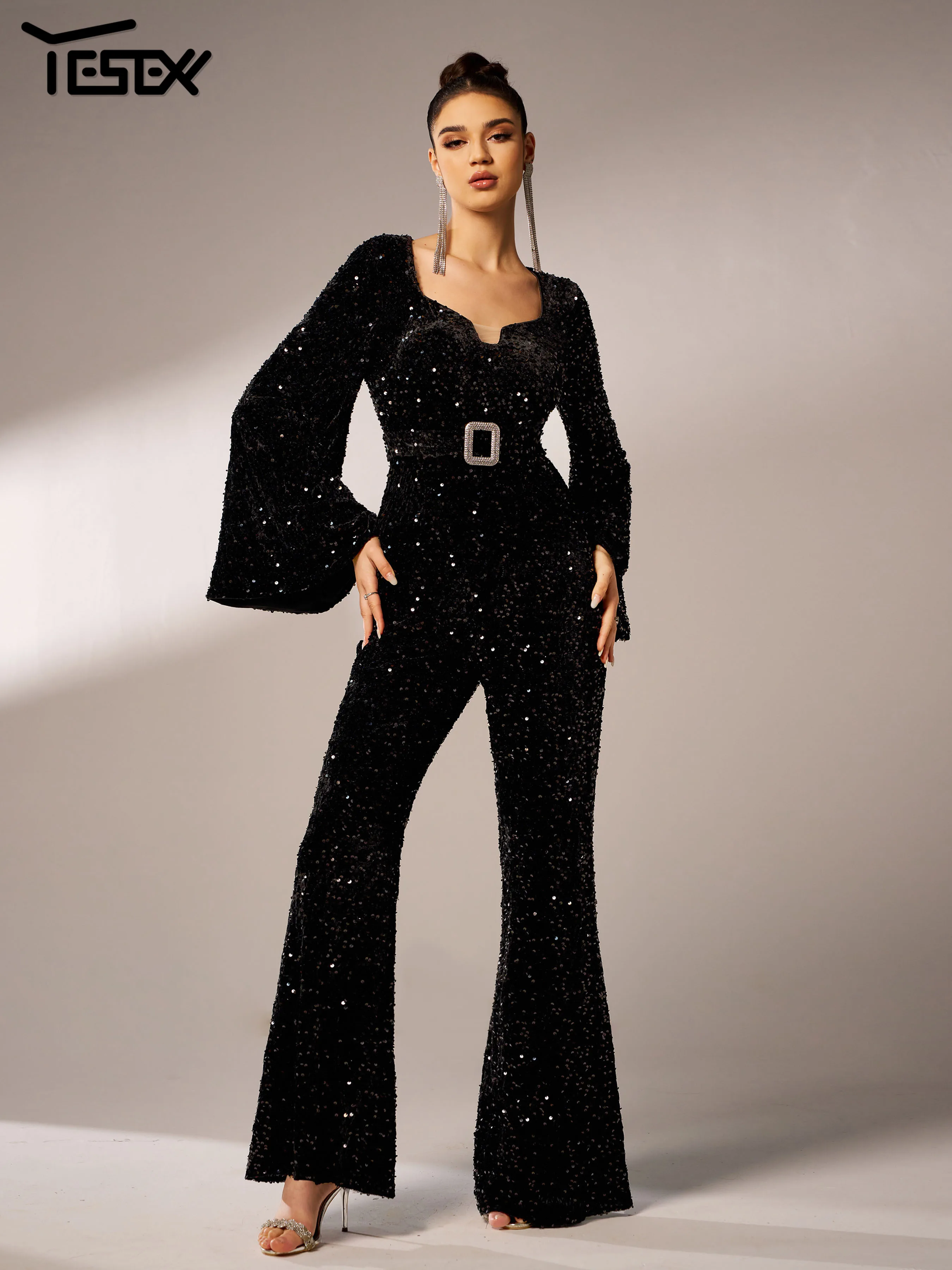 Yesexy New Black Elegant Sequin Wedding Birthday Party Cocktail Prom Elegant Beautiful Women Slim Jumpsuit