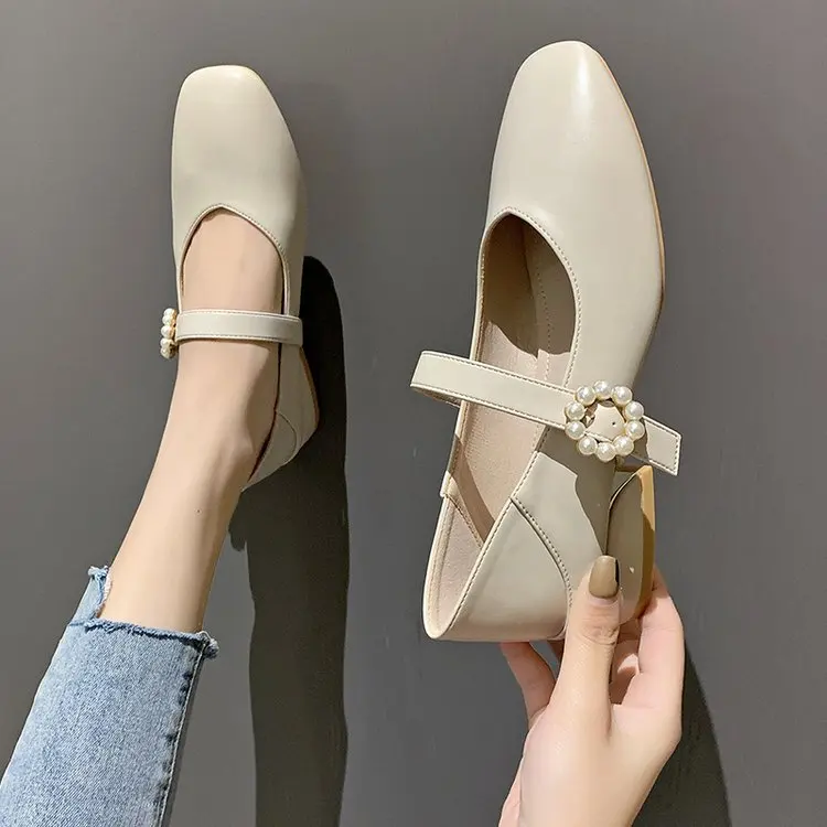 春と秋の新しい女性用ローヒールメリージェーンシューズ、デイリー無地スクエアトゥ、女性用オフィスシングルシューズ、ボンバス・デ・ムヘーレス