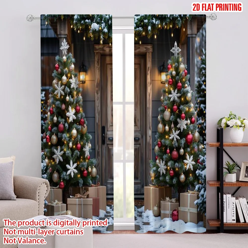 

2pcs 2D flat printing Christmas Scene Curtain Simple Christmas Versatile Fabric Without Electricity Family Party for Holiday