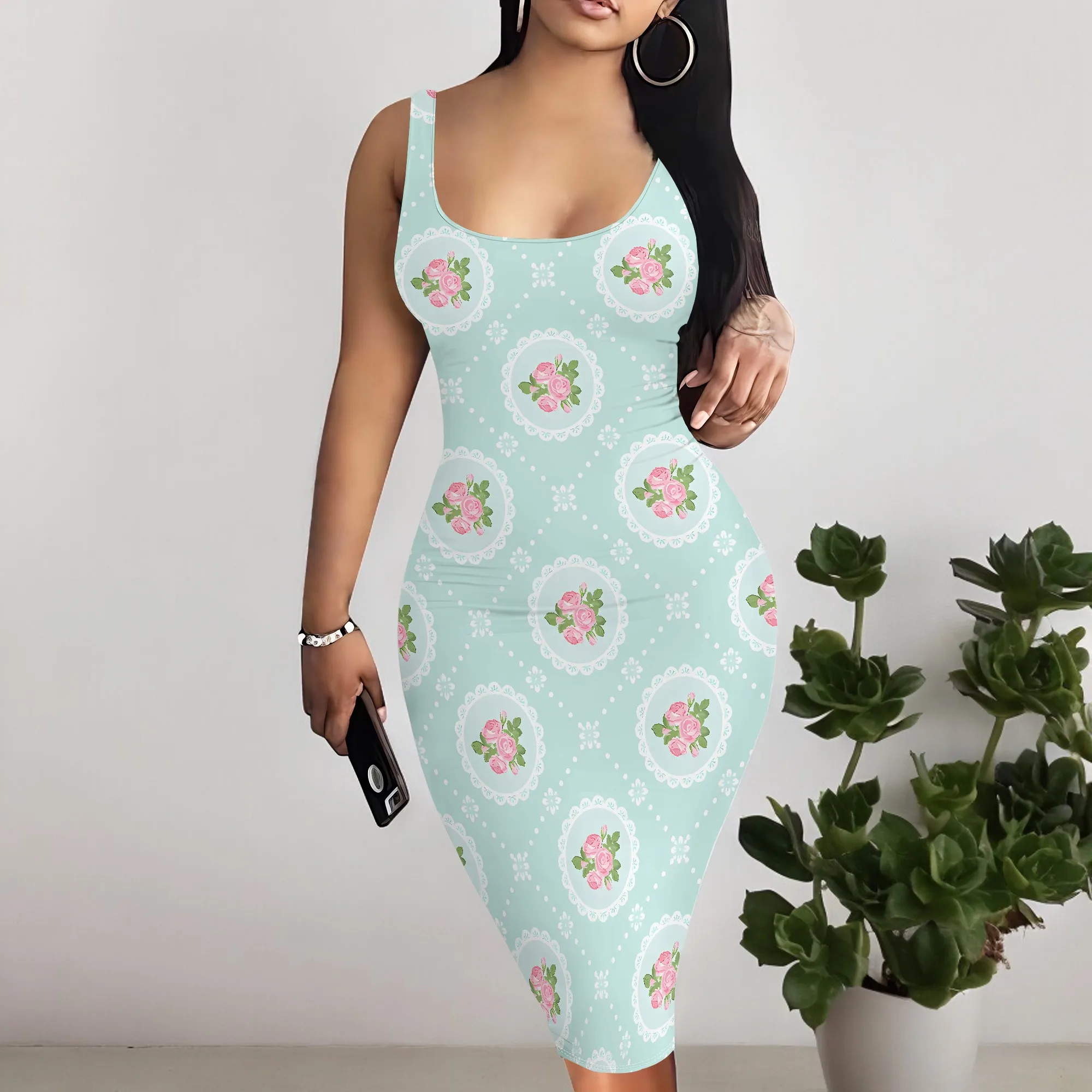 Ärmelloses, figurbetontes Midikleid mit gepunktetem Blumenmuster, elegantes, schmal geschnittenes Sommer-Freizeitkleid für Damen