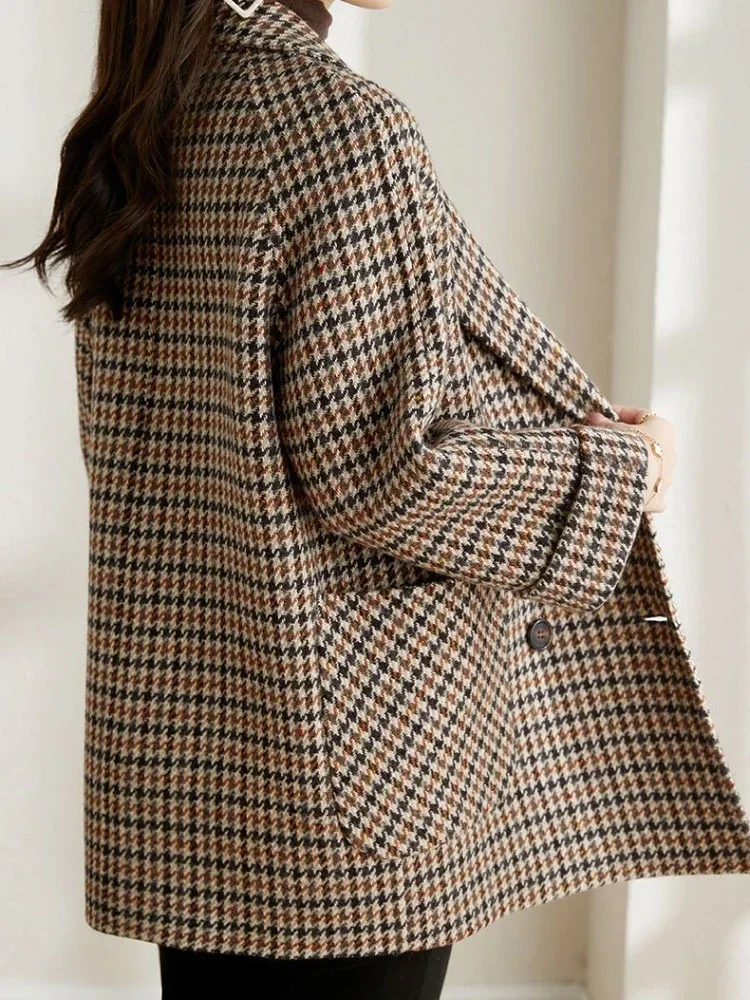 Women Coat Plaid Woolen Coat for Women\'s Autumn Winter Overcoat Korean Fashion Mid Length Coat for Women\'s Clothing Tops