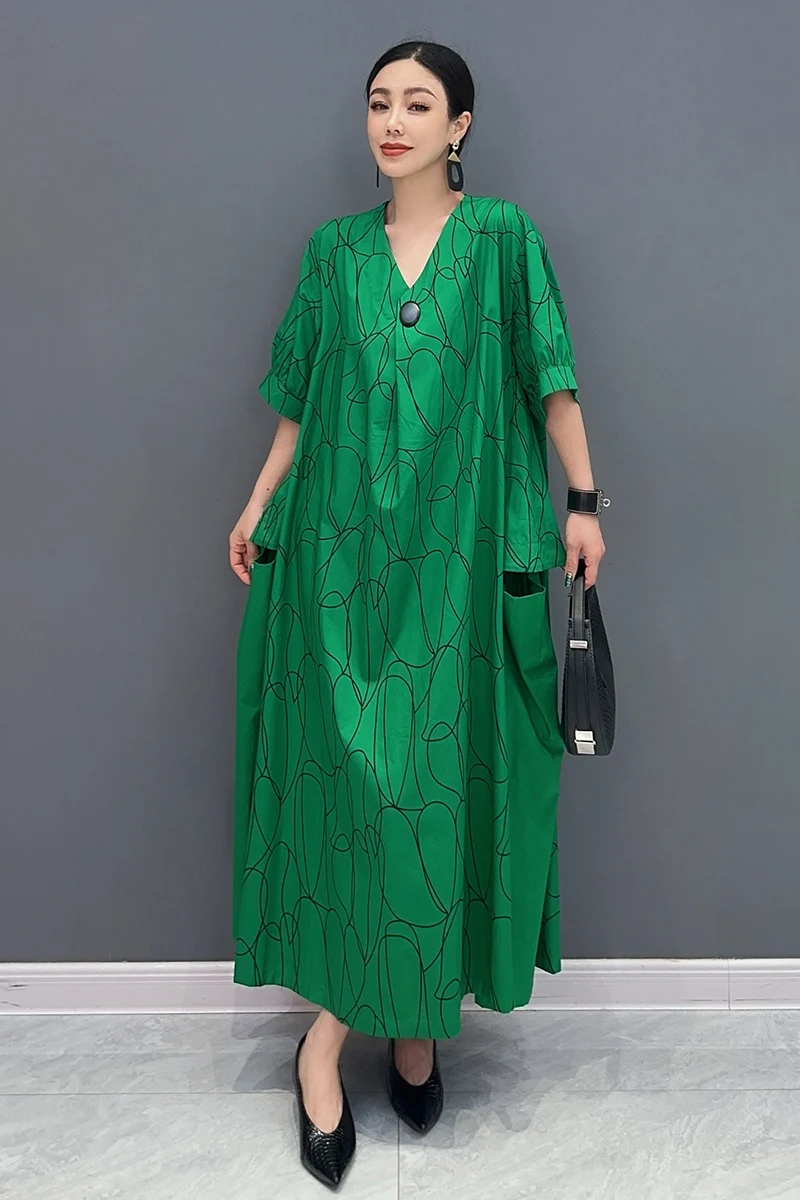 

SuperAen 2024 Summer New Long V-Neck Dress Printed Spliced Mid Sleeve Oversize Long Dress